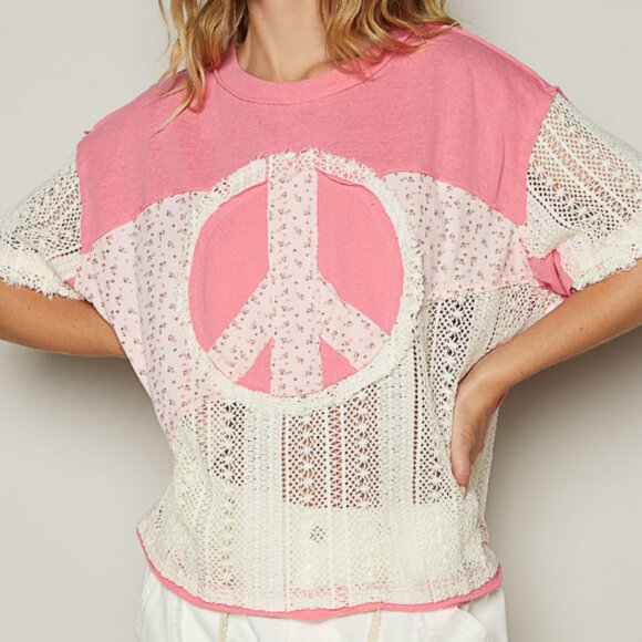 POL TOP PEACE PATCHWORK W/CROCHET CANDY PINK - Picture 1 of 10